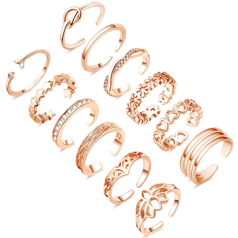 Honsny 12PCS 14K Gold/Silver Plated Toe Rings for Women Adjustable Band Rings Open Flower CZ Toe Ring Set Beach Foot Jewelry - Image 1